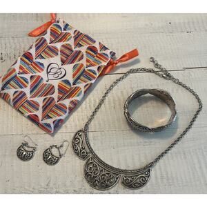 Brighton Jewlery Set Silver Tone Scroll Earrings Necklace Hinge Bracelet